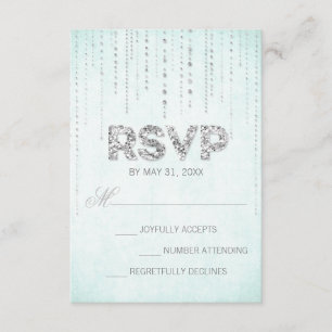 Aqua & Silver Glitter Look Wedding RSVP Card