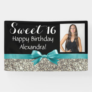 Aqua Silver Glitter Photo Sweet 16 Birthday Party Banner
