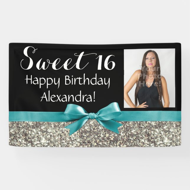 Aqua Silver Glitter Photo Sweet 16 Birthday Party Banner (Horizontal)