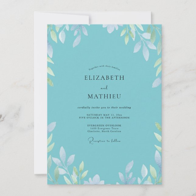 Aqua Silver Leaf Wedding Invitation (Front)