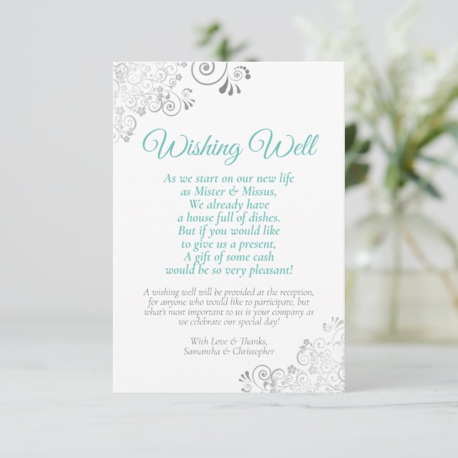 Aqua & Silver on White Wedding Wishing Well Poem Enclosure Card (Standing Front)
