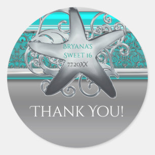 Aqua & Silver Starfish Beach Party Favour Classic Round Sticker