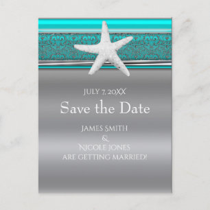 Aqua & Silver Starfish Beach Save the Date Announcement Postcard