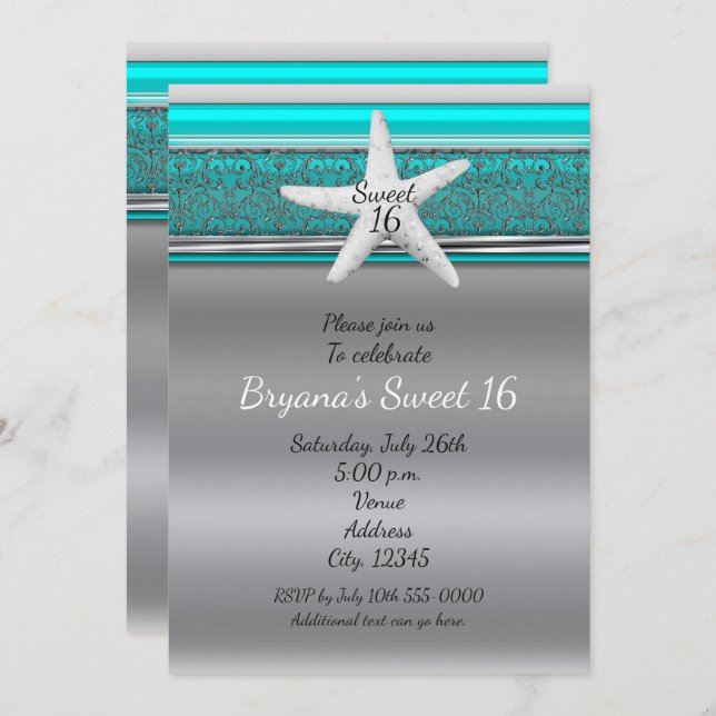 Aqua & Silver Starfish Beach Sweet 16 Invitations (Front/Back)