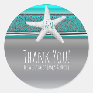 Aqua & Silver Starfish Elegant Beach Wedding Favou Classic Round Sticker
