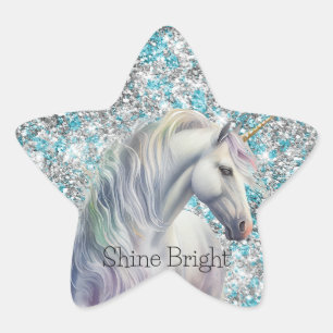 Aqua Silver Unicorn Glitter Sparkle Birthday Favou Star Sticker