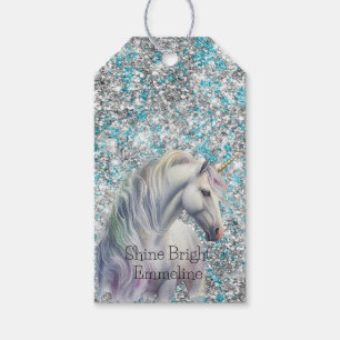Aqua Silver Unicorn Glitter Sparkle Birthday  Gift Tags