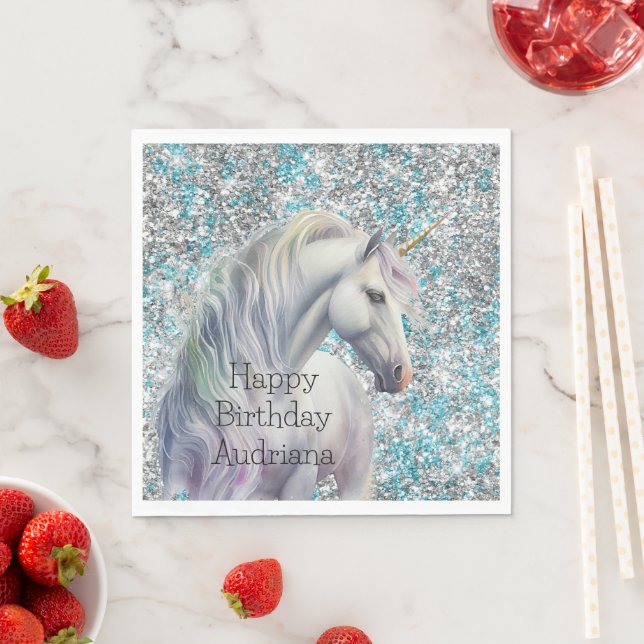 Aqua Silver Unicorn Glitter Sparkle Birthday Napkin (Insitu)