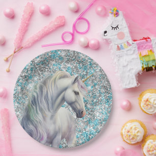 Aqua Silver Unicorn Glitter Sparkle Birthday Paper Plate