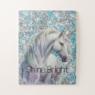 Aqua Silver Unicorn Glitter Sparkle Jigsaw Puzzle
