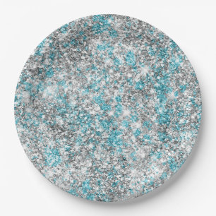 Aqua Silver Unicorn Glitter Sparkle  Paper Plate