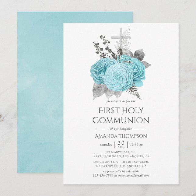 Aqua & Silver Vintage Shabby Roses Holy Communion Invitation (Front/Back)