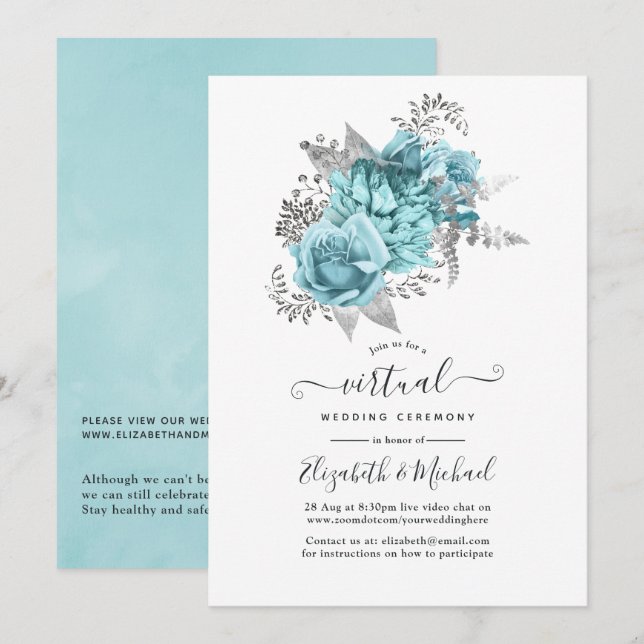 Aqua & Silver Vintage Shabby Roses Virtual Wedding Invitation (Front/Back)