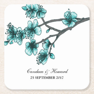 Aqua Simple Cherry Blossoms Paper Coasters