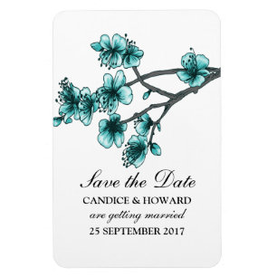 Aqua Simple Cherry Blossoms Save the Date Magnet