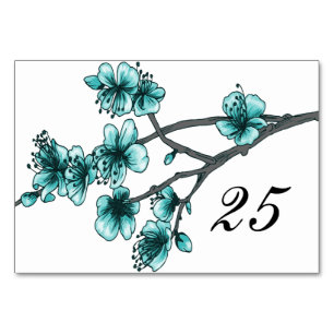 Aqua Simple Cherry Blossoms Table Card