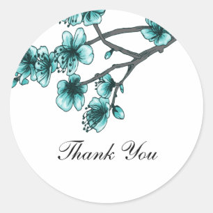 Aqua Simple Cherry Blossoms Thank You Stickers