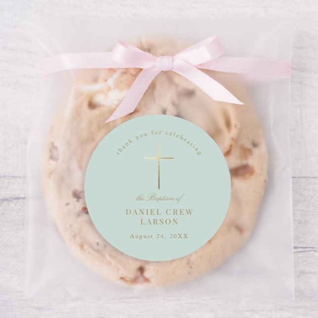Aqua Simple Elegant Gold Cross Baptism Christening Classic Round Sticker (Creator Uploaded)