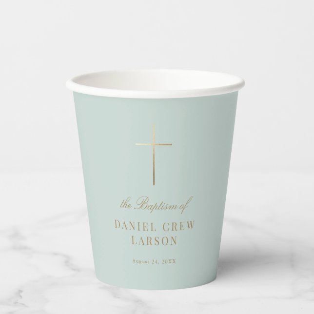 Aqua Simple Elegant Gold Cross Baptism Christening Paper Cups (Front)