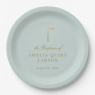 Aqua Simple Elegant Gold Cross Baptism Christening Paper Plate