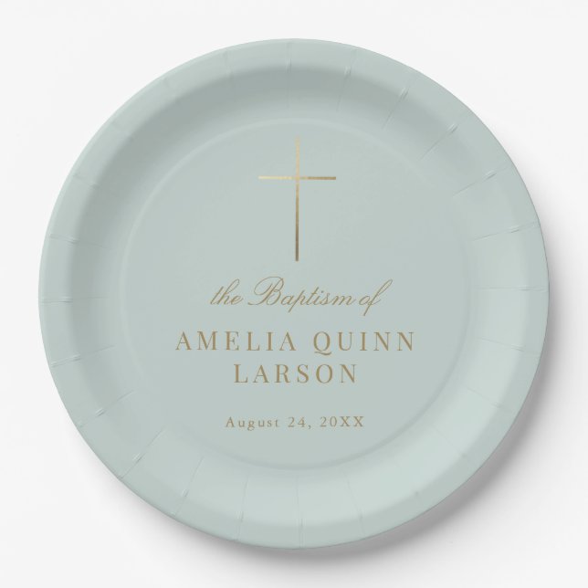 Aqua Simple Elegant Gold Cross Baptism Christening Paper Plate (Front)
