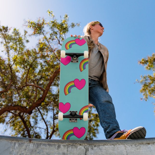 Aqua Skateboard Deck With Pink Hearts and Rainbows (Outdoor 1)