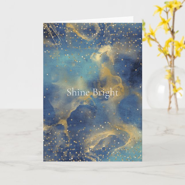 Aqua Sky Blue Gold Glitzy Confetti Sparkle     Card (Yellow Flower)