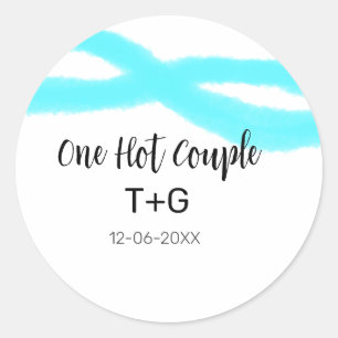 Aqua sky blue pastel one hot couple add name date classic round sticker