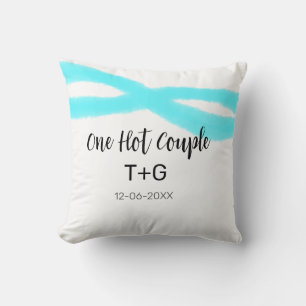 Aqua sky blue pastel one hot couple add name date cushion