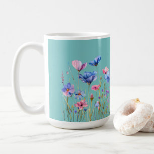 Aqua Sky Blue with Pink and Blue Wildflowers Coffee Mug