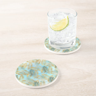 Aqua Sky Green Gold Tropical Leaves    Coaster
