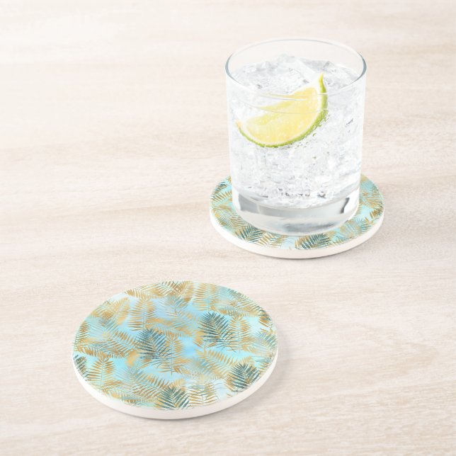 Aqua Sky Green Gold Tropical Leaves    Coaster (Side)