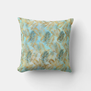 Aqua Sky Green Gold Tropical Leaves       Cushion