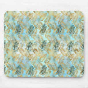 Aqua Sky Green Gold Tropical Leaves          Mouse Mat