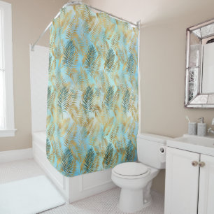 Aqua Sky Green Gold Tropical Leaves          Shower Curtain