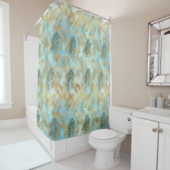 Aqua Sky Green Gold Tropical Leaves          Shower Curtain (In Situ)