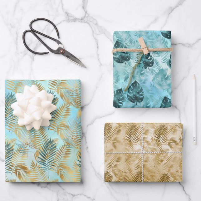 Aqua Sky Green Gold Tropical Leaves         Wrapping Paper Sheet (Front)