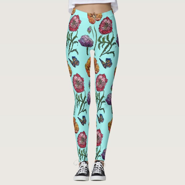 Aqua Small Poppy Floral Watercolor Leggings (Front)