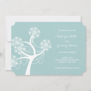 Aqua Snow Flower Tree Winter Wedding Save The Date Invitation