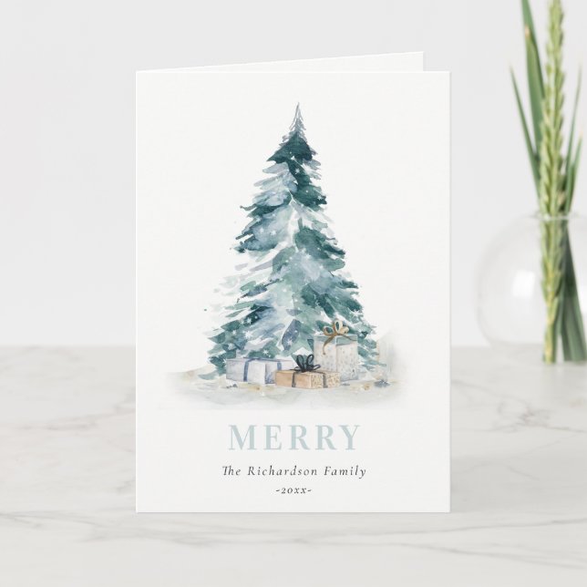 Aqua Snow Watercolor Pine Christmas Tree Gifts Holiday Card (Front)