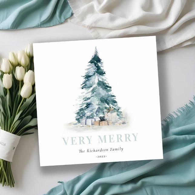 Aqua Snow Watercolor Pine Christmas Tree Gifts  Holiday Card (Creator Uploaded)