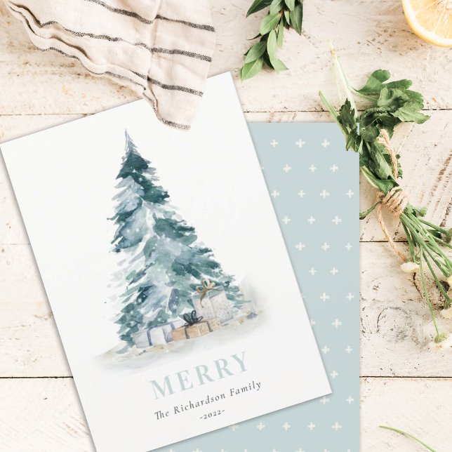 Aqua Snow Watercolor Pine Christmas Tree Gifts Holiday Card (Creator Uploaded)