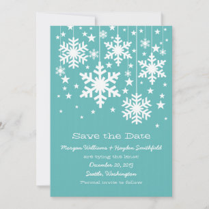 Aqua Snowflakes and Stars Save the Date Invite