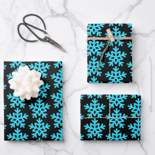 Aqua Snowflakes on Black Wrapping Paper Sheet
