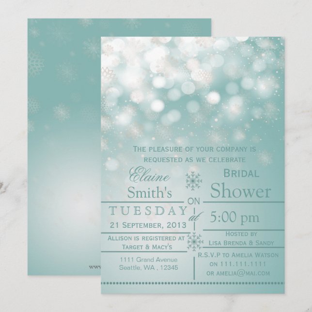 aqua snowflakes Winter Bridal shower Invite (Front/Back)