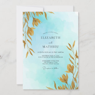 Aqua Soft Gold Leafy Wedding Invitation