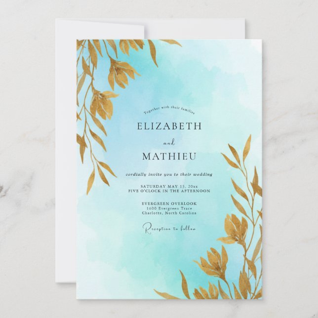Aqua Soft Gold Leafy Wedding Invitation (Front)