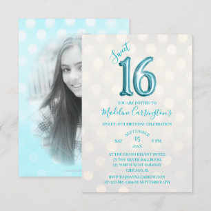 Aqua Sparkle Foil Sweet 16 Birthday Photo Invitation