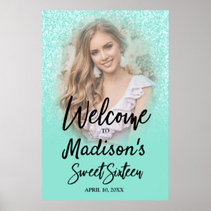Aqua Sparkle Glitter Sweet 16 Photo Welcome Poster