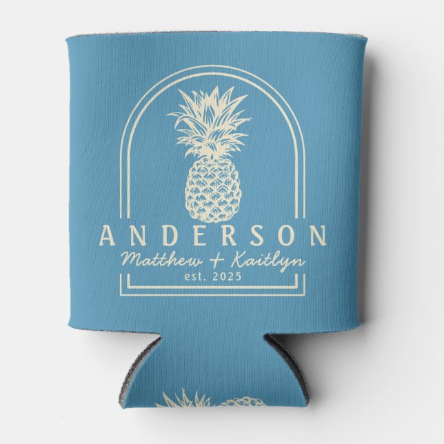Aqua Splash Pineapple Wedding Arch & Name Can Cooler (Front)